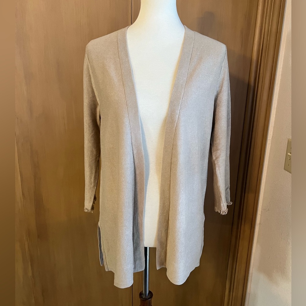 JJill open front fringe sleeve cardigan, macadamia, small - Picture 3 of 9